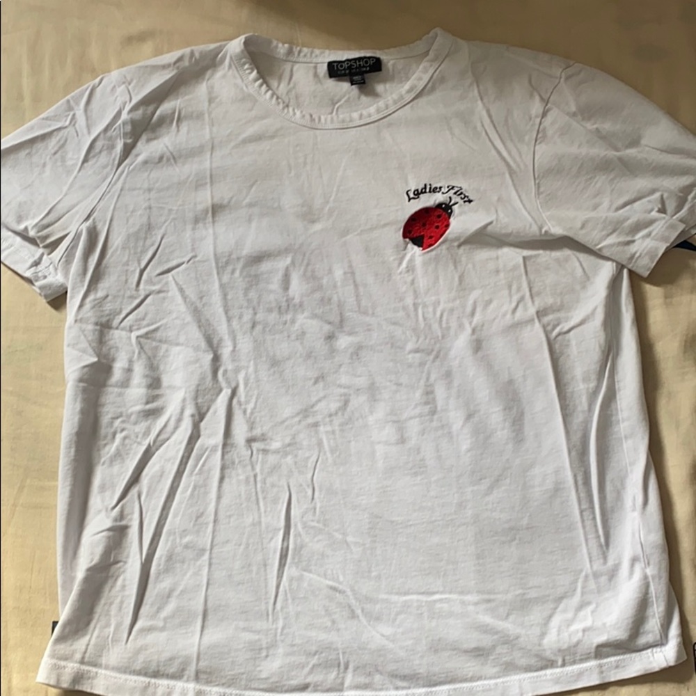 top shop “ladies first” ladybug embroidered tee
